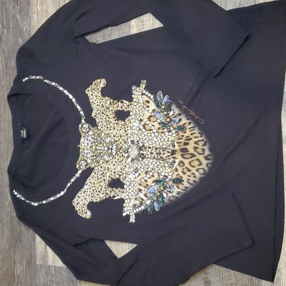 Cavalli Class Gems Rhinestone Studded Tiger Cheetahs Animal Top L